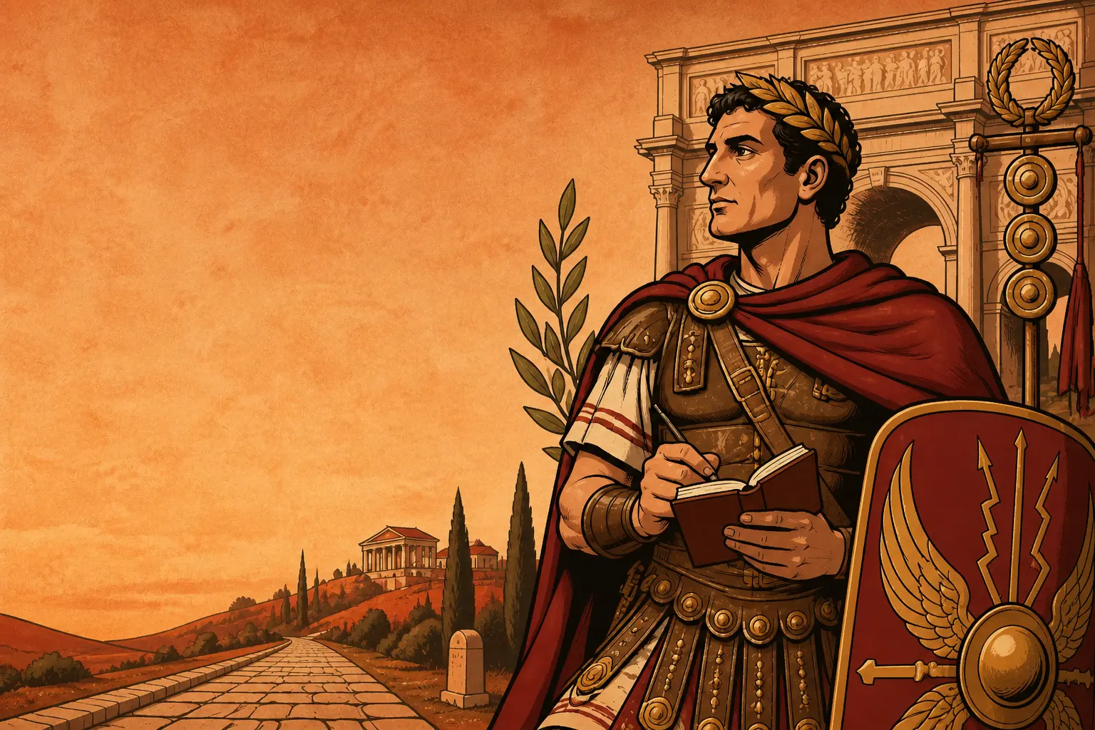 Roman visual tradition: Late-Republic and early-imperial legionary-scholar; laurel, arch, standard, and field journal.